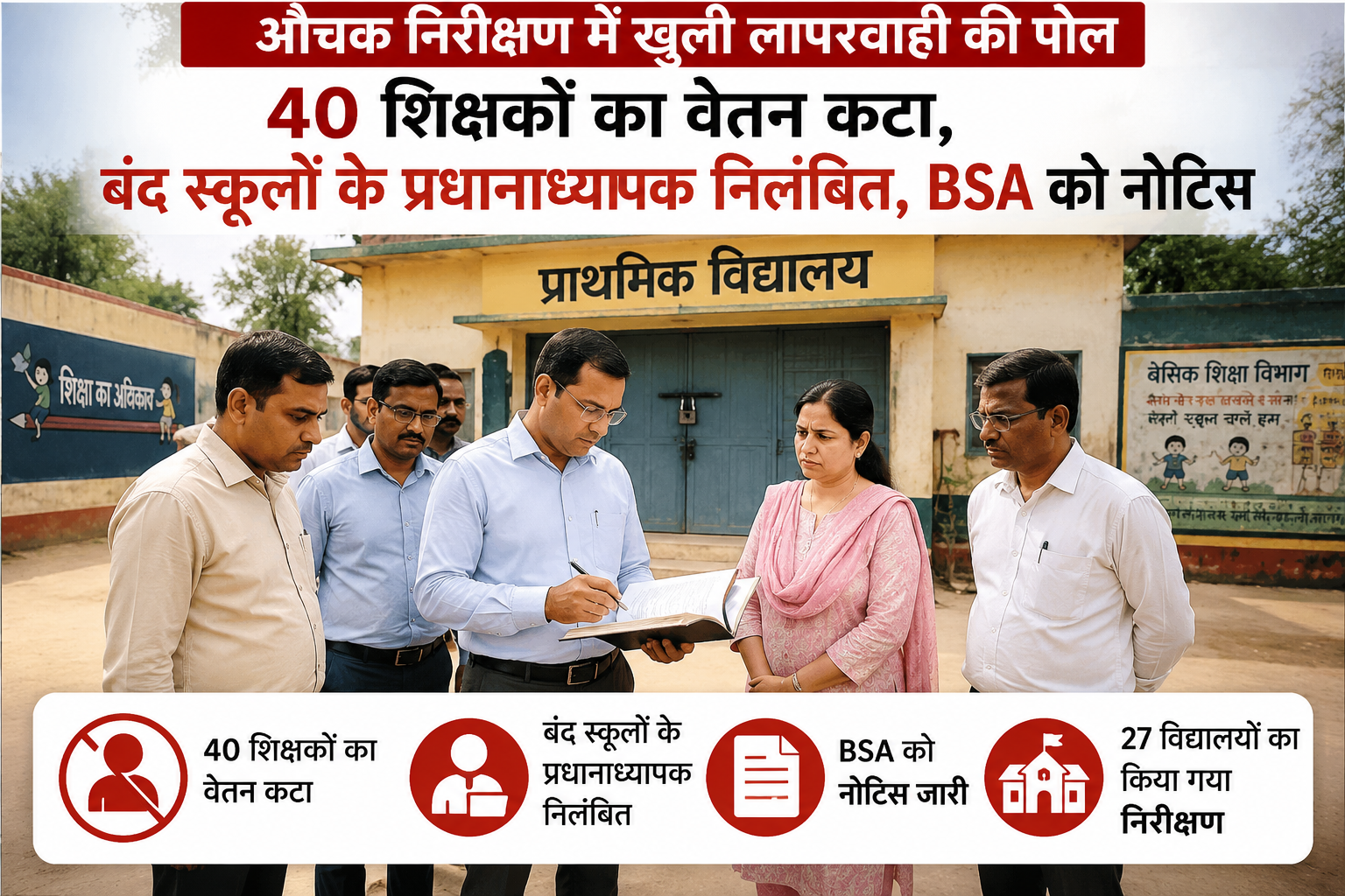 Officials inspecting a government primary school in Agra during a surprise education department inspection where absent teachers faced salary cuts and action was taken against closed schools.