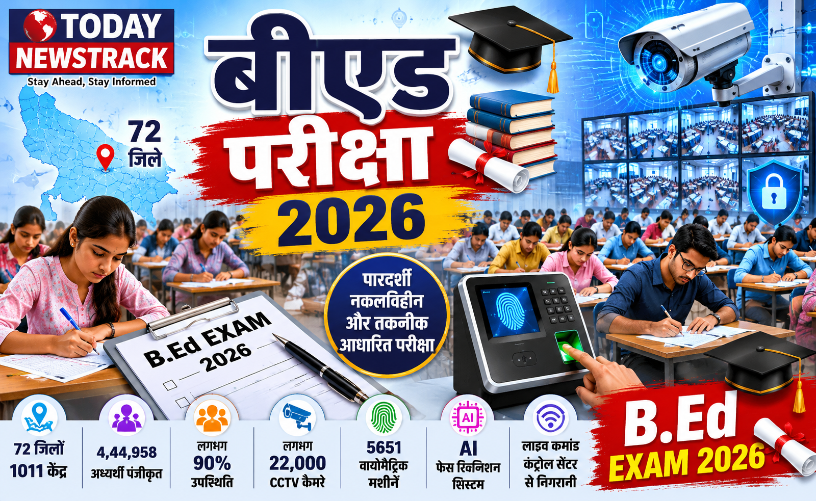 B.Ed Entrance Exam 2026 illustration showing AI surveillance, CCTV monitoring, biometric attendance and students appearing in examination across Uttar Pradesh