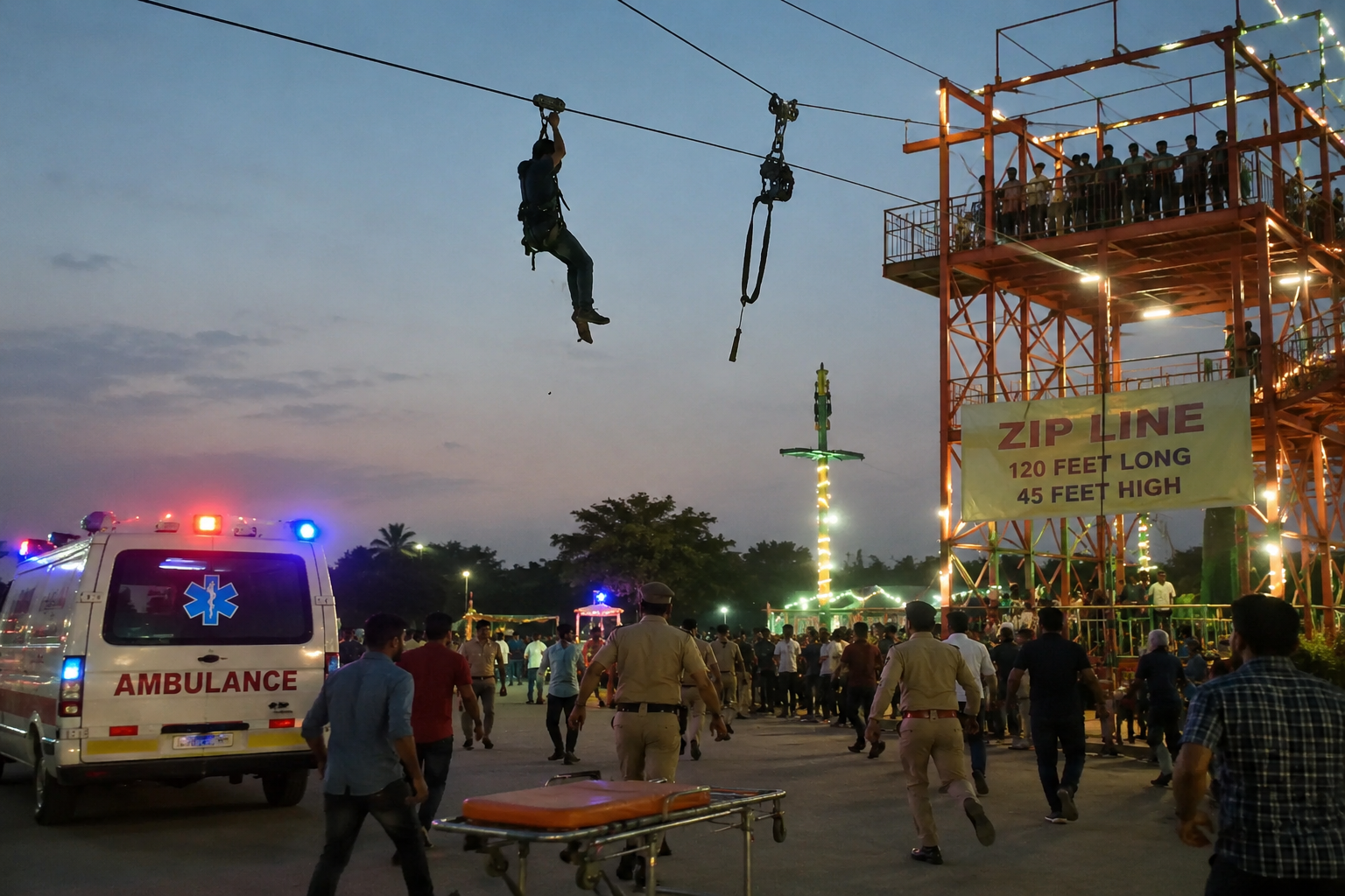 Symbolic image showing a zipline accident scene in Agra with emergency response, police, ambulance and people rushing after a teenager falls from a zipline ride.
