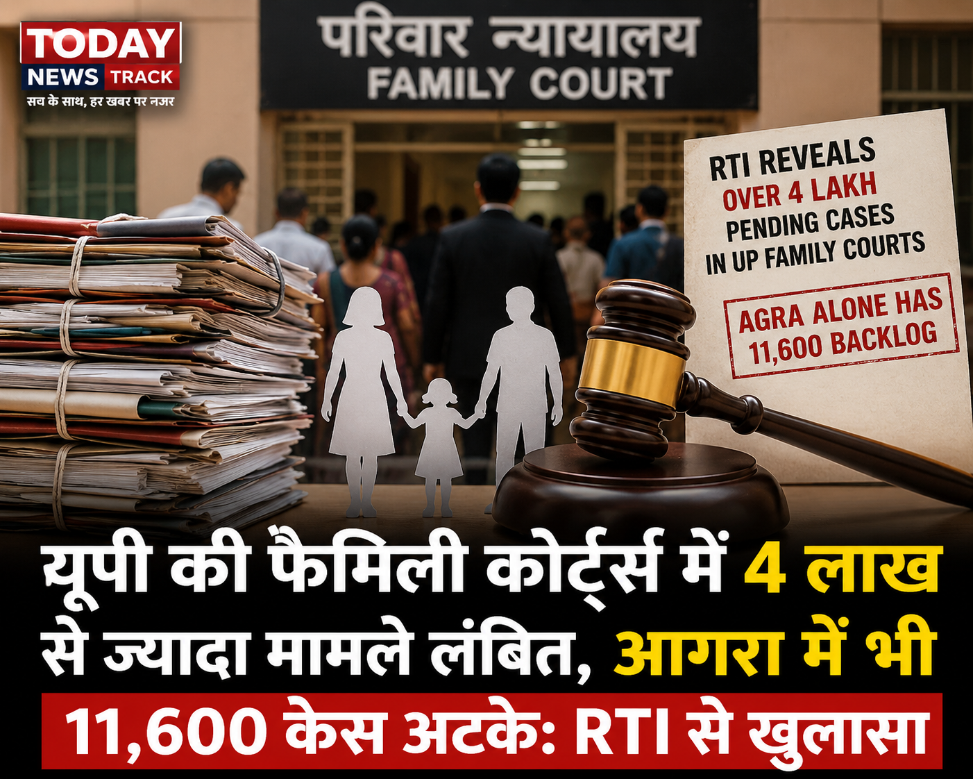 Symbolic image showing a family court, legal files, judge's gavel, and a family silhouette representing over 4 lakh pending family court cases in Uttar Pradesh, including 11,600 cases in Agra, as revealed by an RTI.