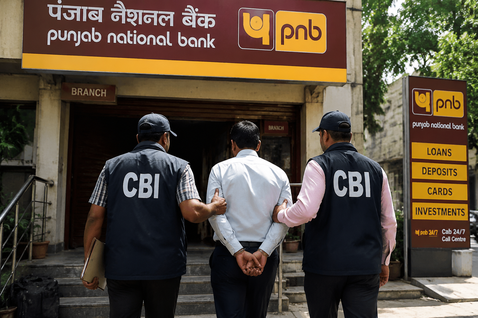Symbolic image of CBI officers escorting a Punjab National Bank manager in connection with a bribery case in Agra.