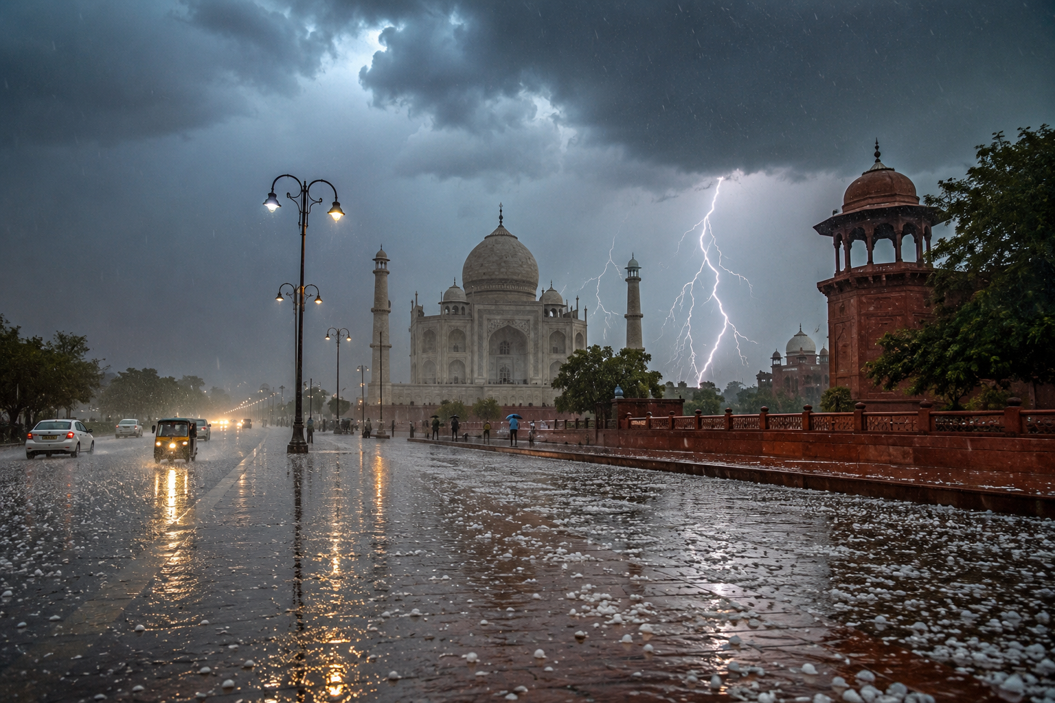 Dark clouds, lightning and heavy rain near Taj Mahal during stormy weather in Agra