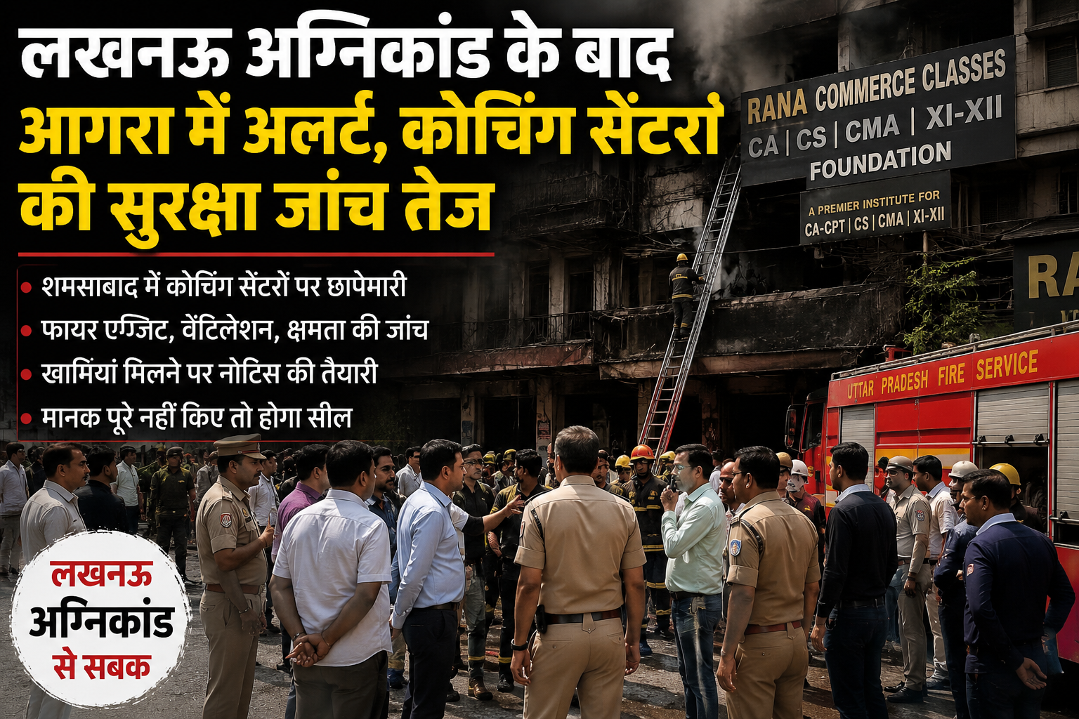 Police and administrative officials inspecting coaching centers in Shamsabad, Agra, to check fire safety measures and emergency exit arrangements.