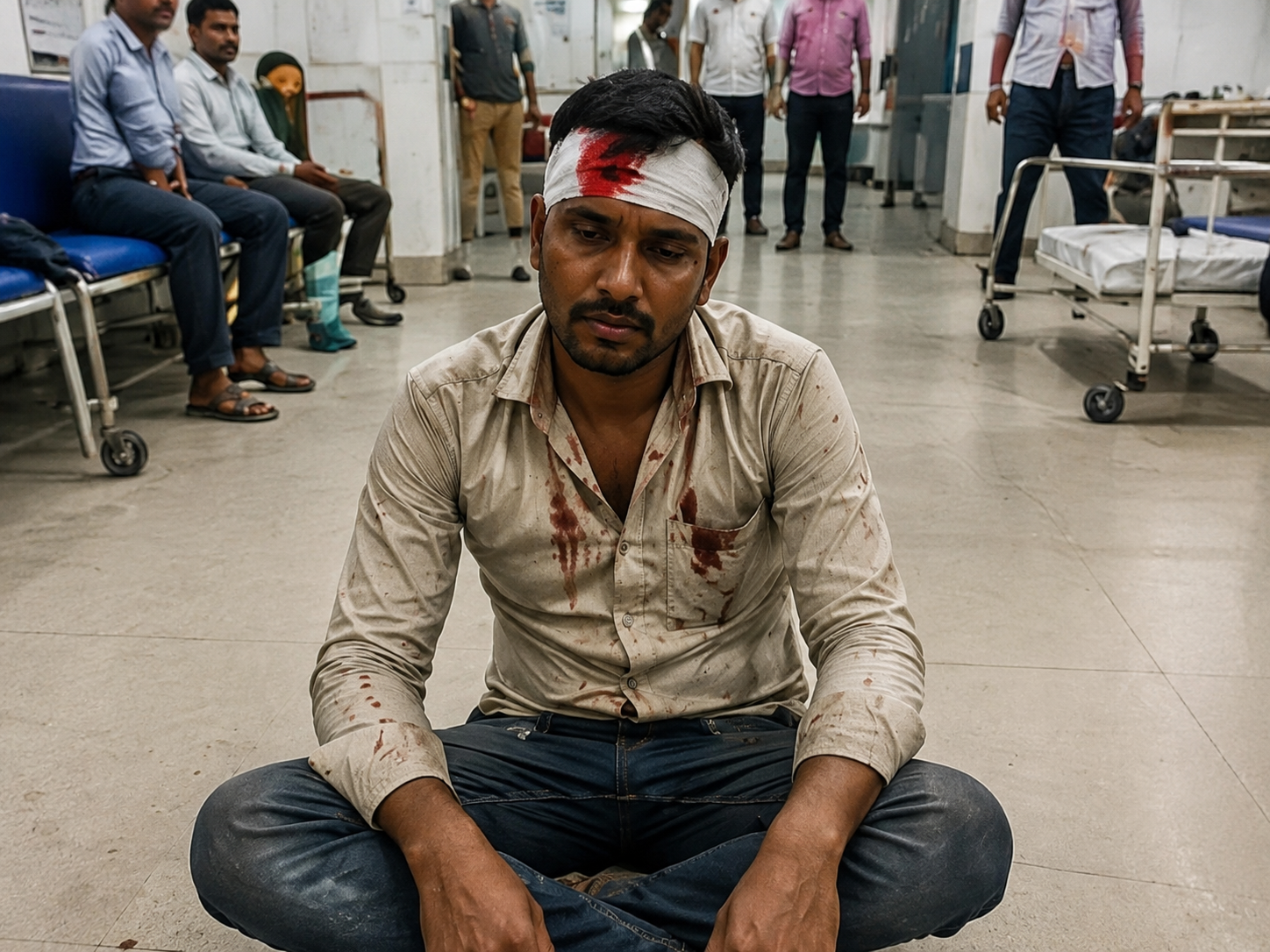 Passengers injured in the Agra-Delhi Highway roadways bus accident waiting for treatment at SN Medical College emergency ward in Agra.