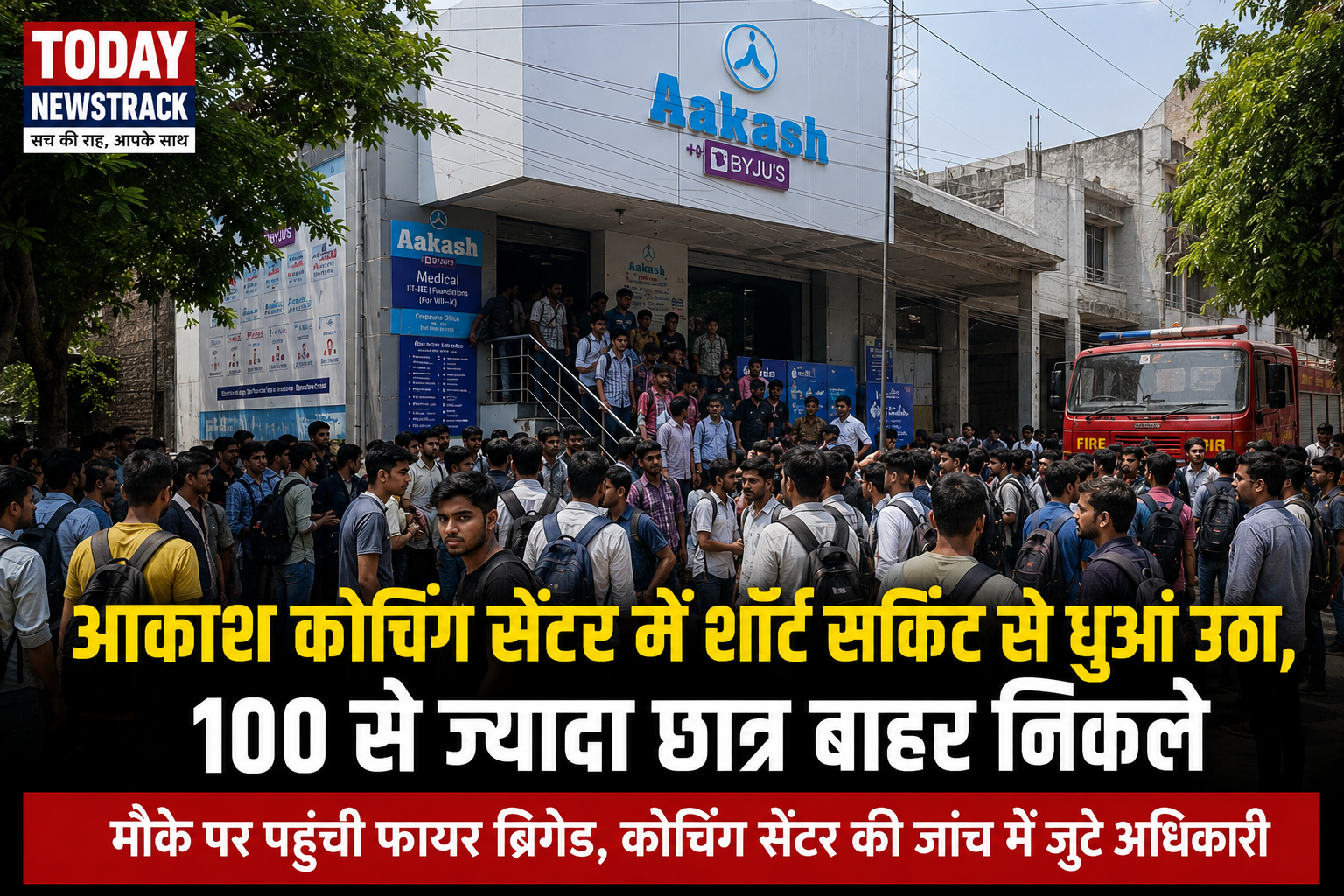 Students gathered outside Aakash Coaching Center in Agra after a short circuit caused smoke in the basement, while fire brigade officials inspected the premises and ensured safety.