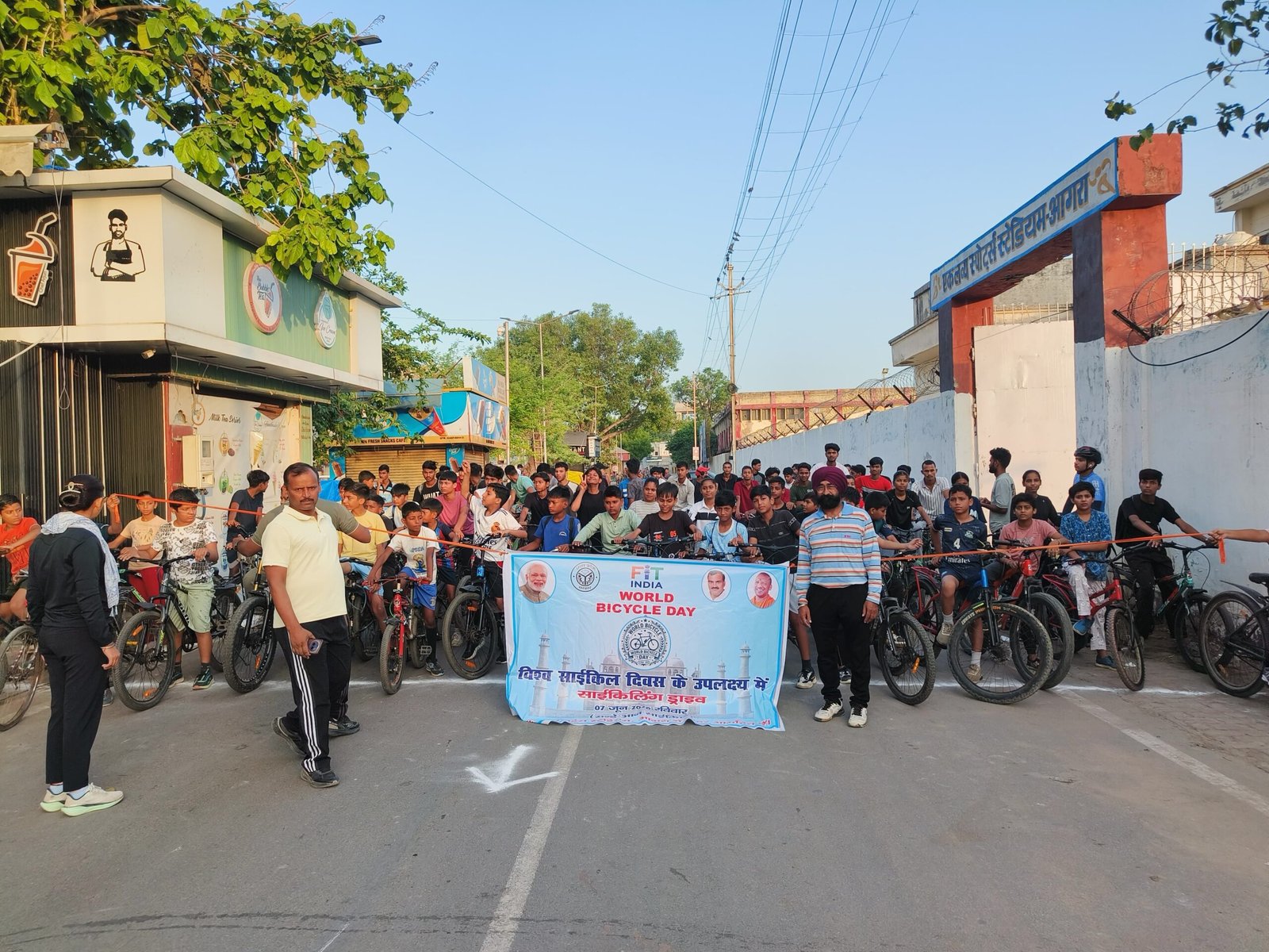 Cyclists participate in a 5 KM World Bicycle Day rally starting from Eklavya Sports Stadium in Agra to promote fitness and environmental awareness.