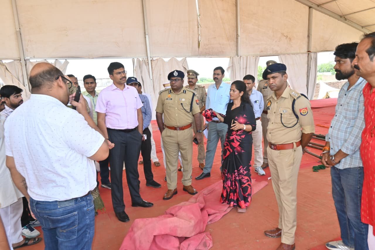 District Magistrate inspecting the Maharana Pratap statue unveiling and public meeting site in Shamshabad, Agra, reviewing arrangements for Union Defence Minister Rajnath Singh’s proposed visit.