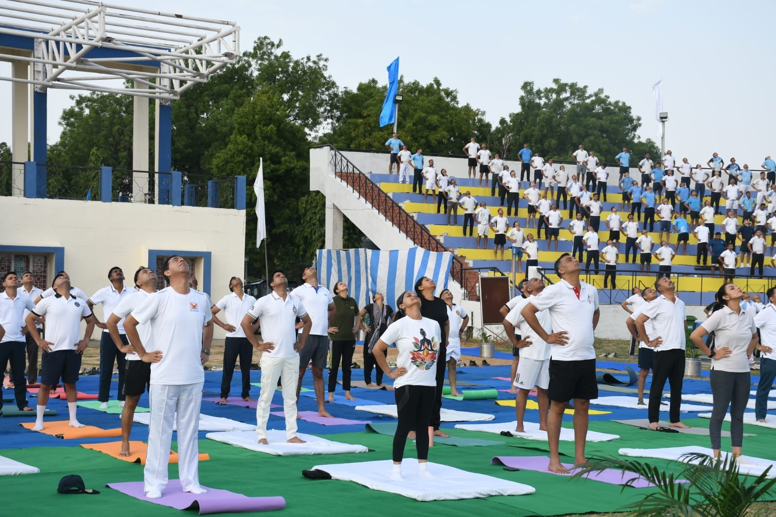 Air Warriors, family members and students perform yoga during International Yoga Day 2026 celebrations at Air Force Station Agra.