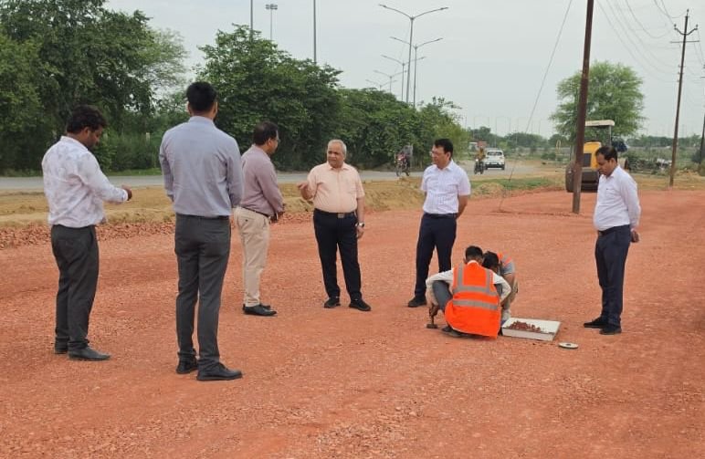 PWD Principal Secretary Ajay Chauhan inspecting road quality and collecting a core sample during a surprise inspection in Agra.