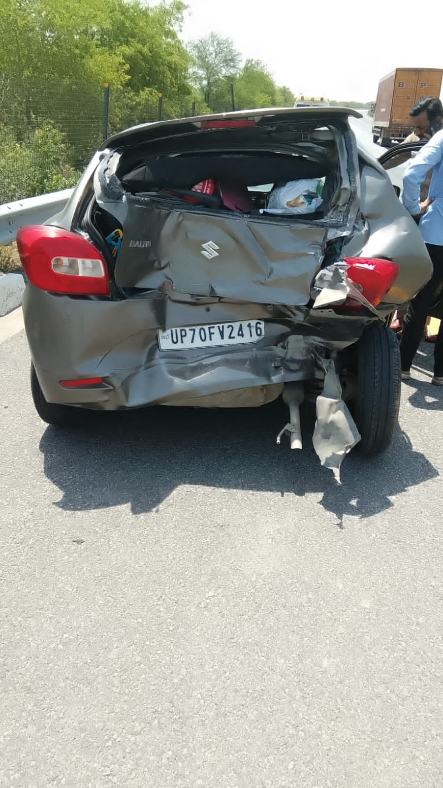 Two people were injured after an unidentified truck rammed a car from behind on the Agra–Lucknow Expressway near Fatehabad.