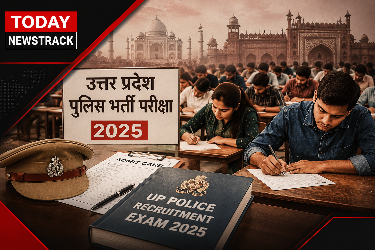 Candidates appearing in UP Police Recruitment Exam 2025 under strict security supervision at an examination center in Agra, Uttar Pradesh.