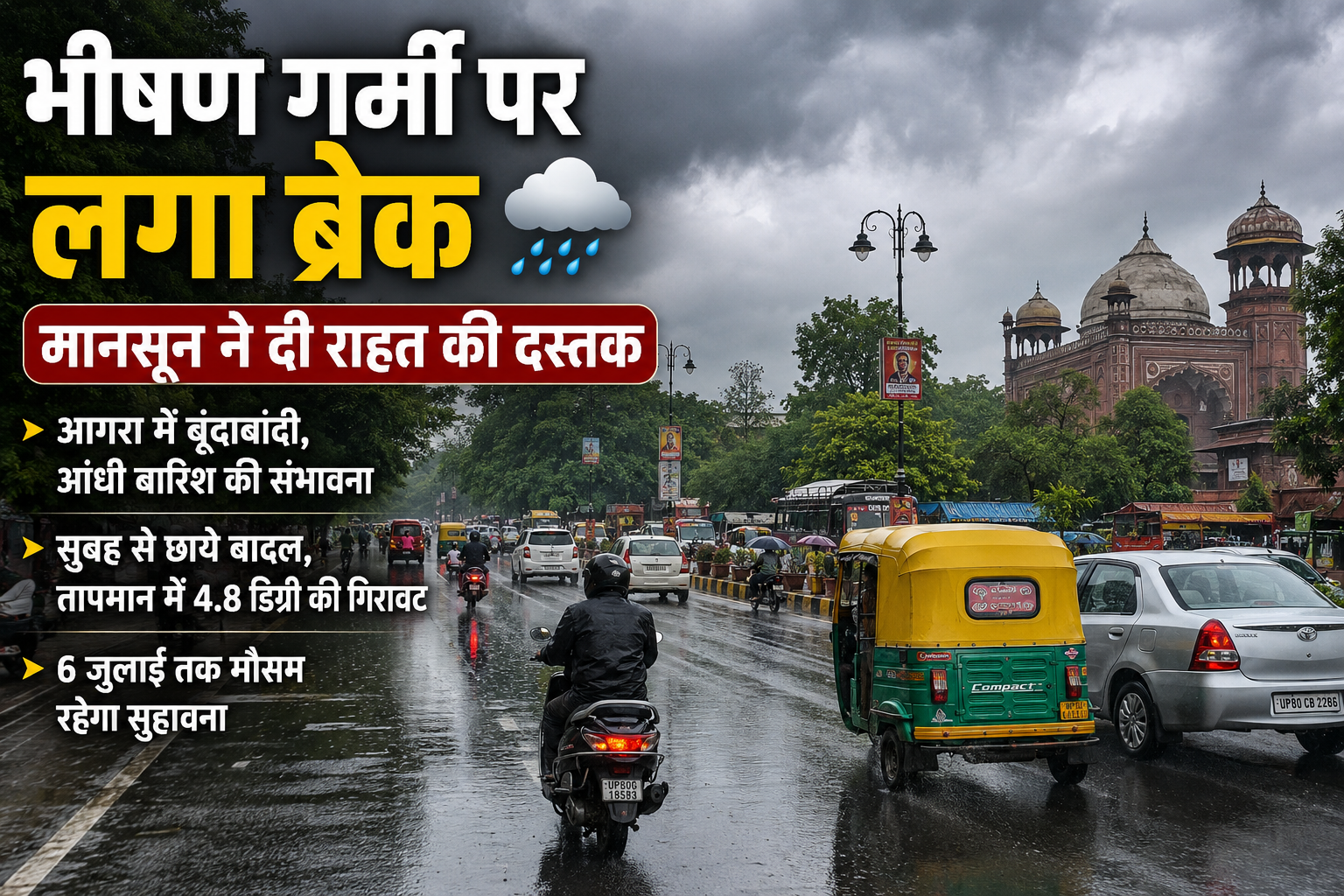 Dark clouds over Agra as light rain and cool winds bring relief from intense heat, with thunderstorms and monsoon showers forecast through July 6.