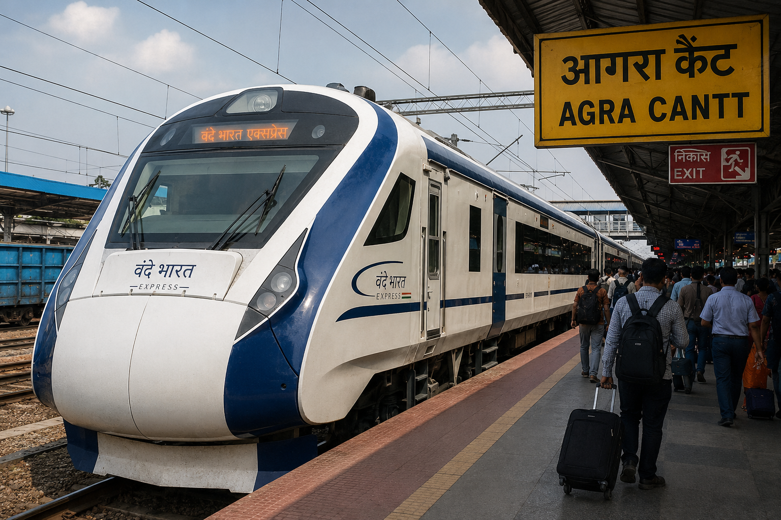 Agra Cantt to Varanasi Vande Bharat Express at Agra Cantt Railway Station with passengers during the 2025-26 financial year.
