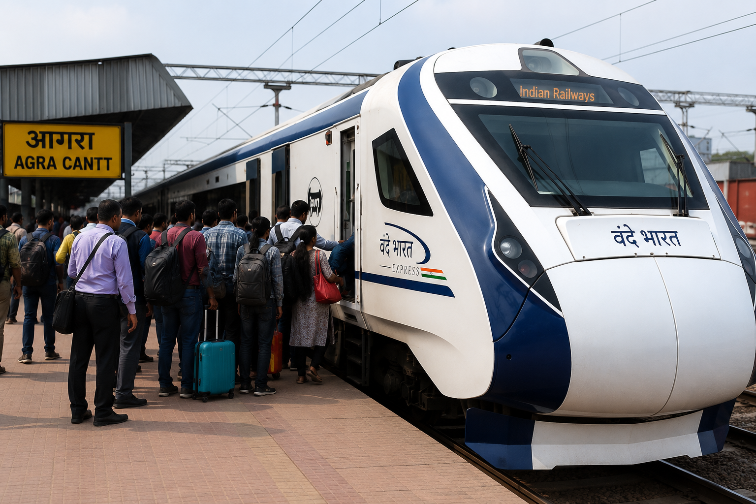 Passengers boarding a Vande Bharat Express at Agra Cantt Railway Station, highlighting the highest revenue-generating trains of Agra Rail Division in FY 2025-26.