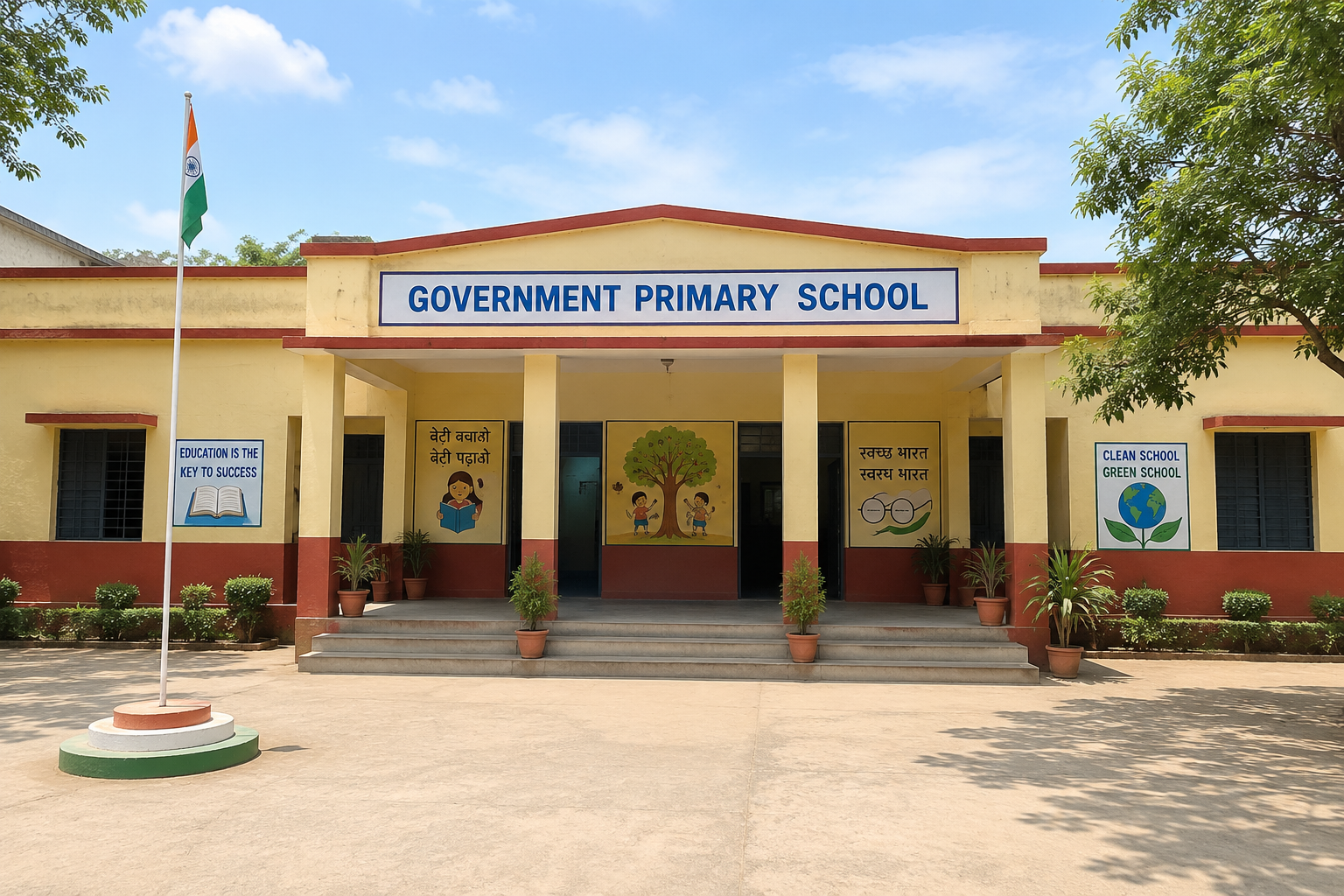 Front view of a government primary school building representing the proposed CBSE affiliation and modernization of cantonment schools in India.