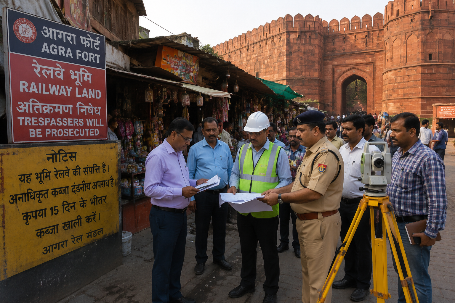 Officials inspect the disputed railway land near Agra Fort ahead of a joint survey before the proposed eviction drive.