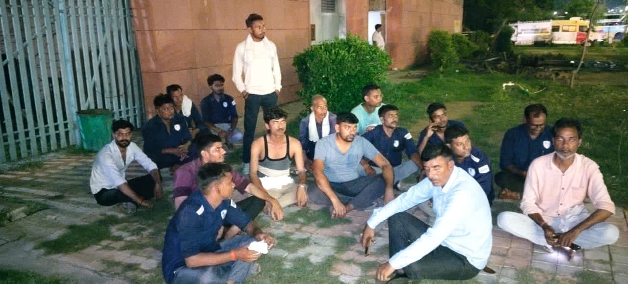 Employees stage a protest at Toll Plaza 21 on the Agra-Lucknow Expressway after a dispute with the toll manager in Agra.