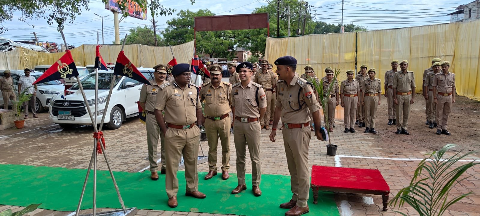 Additional Commissioner of Police Sachindra Patel interacts with police officials during the annual inspection of Fatehabad Police Station in Agra.
