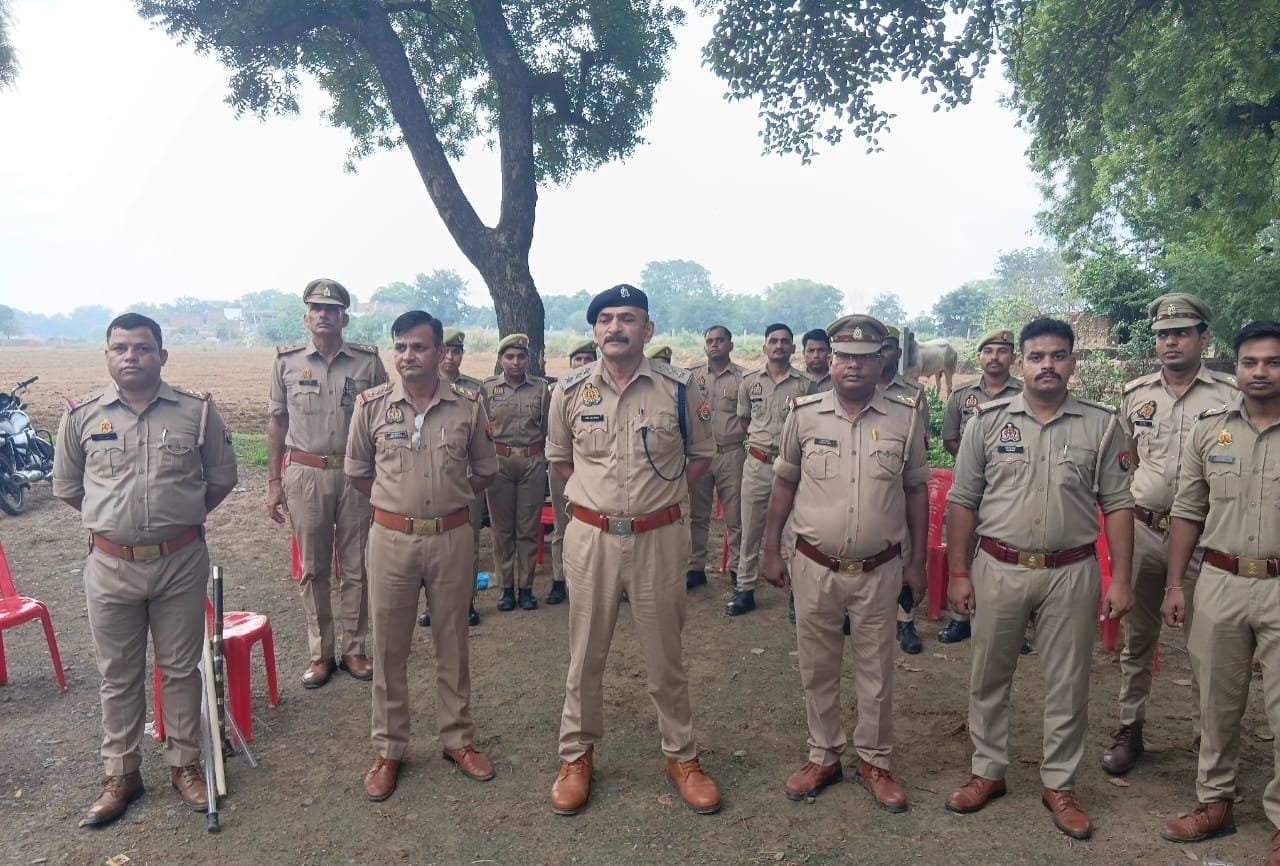 Police personnel remain deployed during the bride's farewell in Rampur village of Agra following a dispute over the wedding procession route.