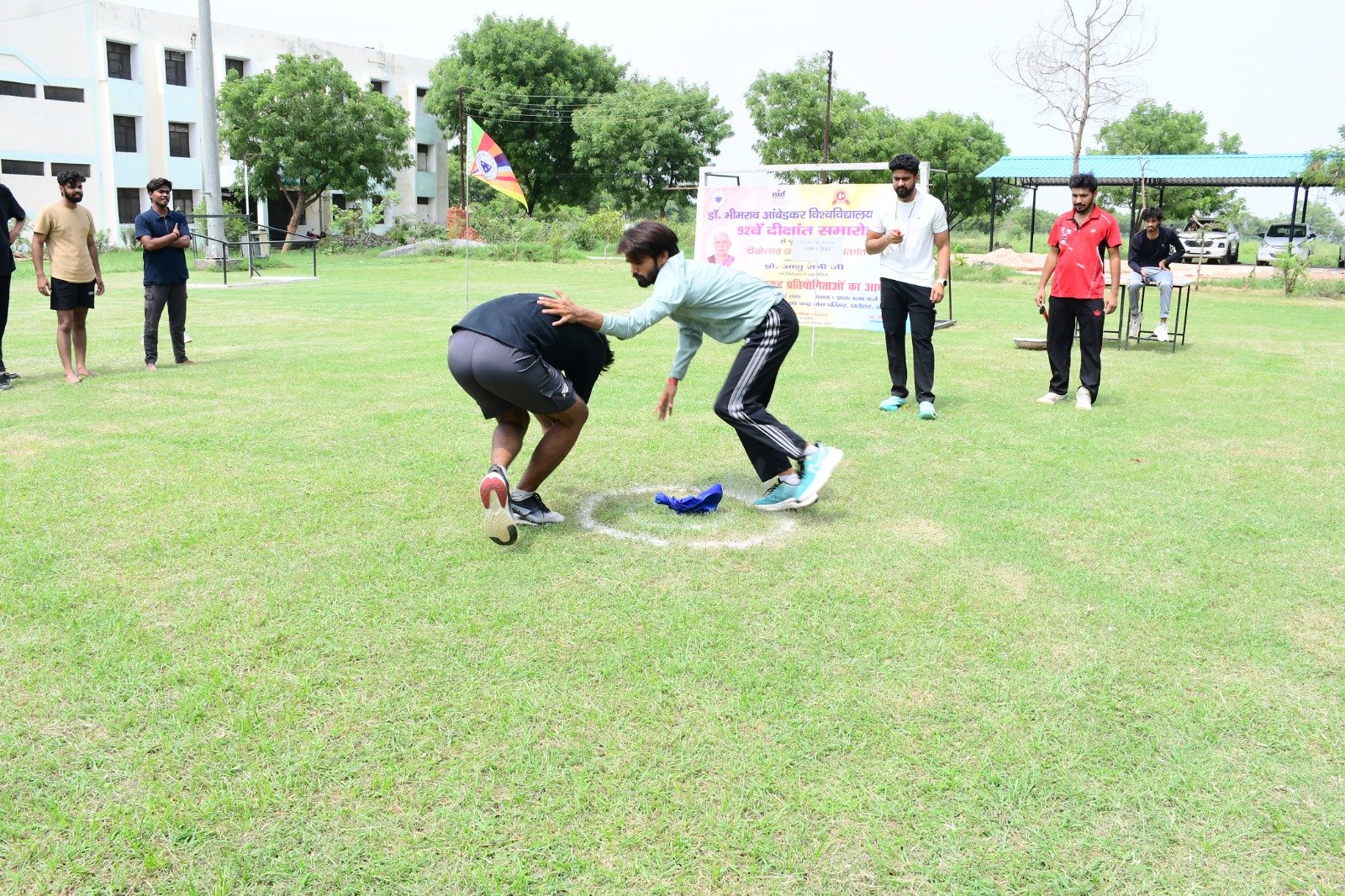 Students participate in traditional Indian sports competitions during the DBRAU Dikshotsav 2026 at Chhalesar Campus, Agra.