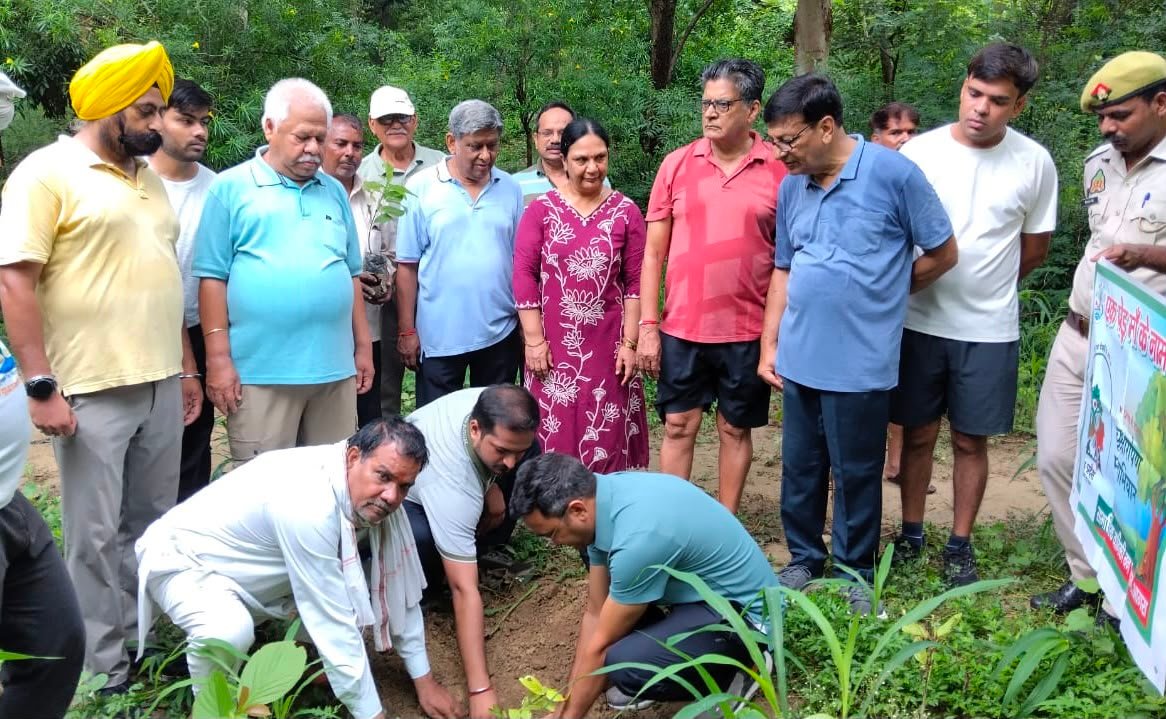 Divisional Forest Officer Rajesh Kumar, Government Garden Superintendent Rajneesh Pandey, environmentalists and morning walkers planting a Kadamba sapling during an environmental awareness and tree plantation program at Paliwal Park in Agra.
