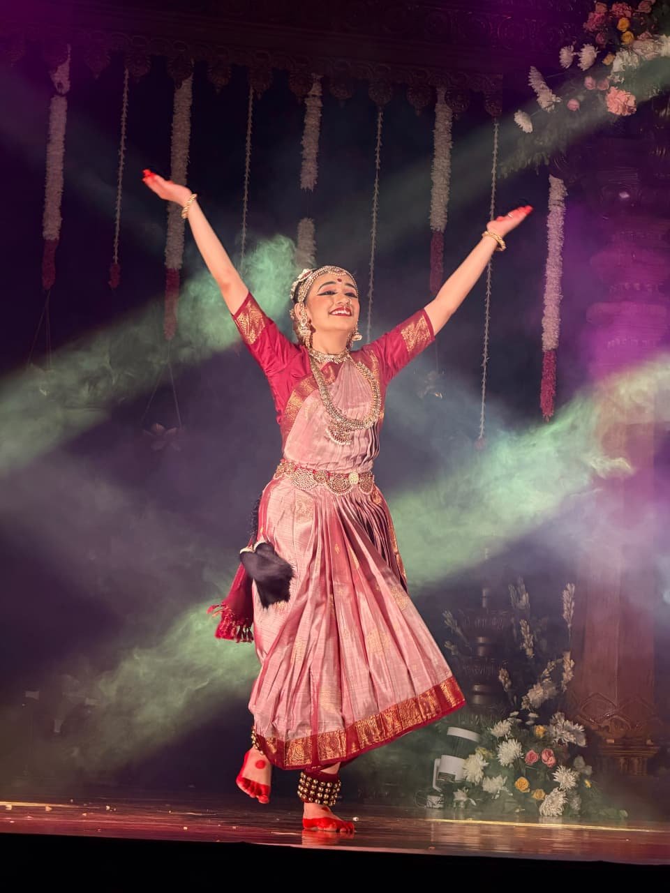 Young Bharatanatyam dancer Ananya Sharma performing during her Arangetram ceremony at New Horizon Engineering College Auditorium in Marathahalli, Bengaluru.