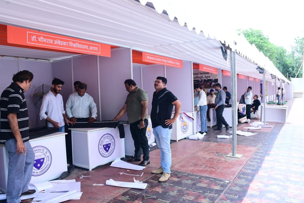 Preparations underway at Dr. Bhimrao Ambedkar University in Agra ahead of Chief Minister Yogi Adityanath's visit for the launch of the Chief Minister Cashless Medical Scheme.