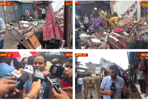 Rescue teams remove debris after a two-storey cloth shop collapsed in Subhash Bazaar, Agra, trapping six people during heavy rainfall.