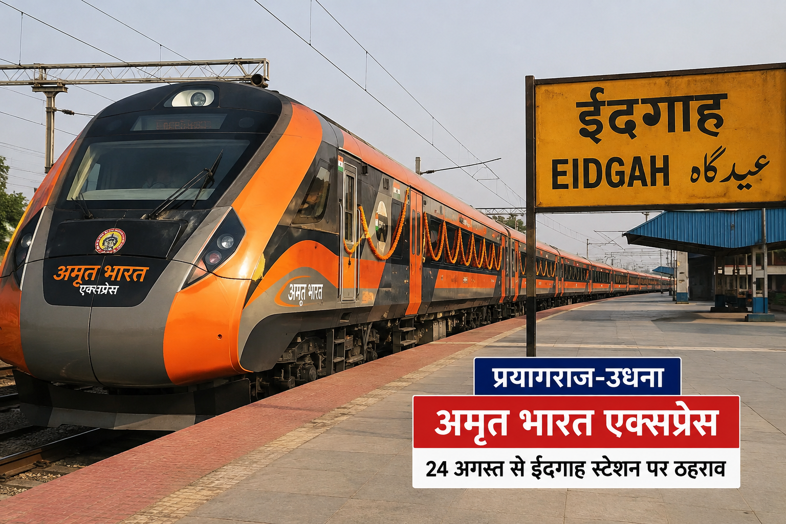 Prayagraj-Udhna Amrit Bharat Express at Eidgah Railway Station in Agra