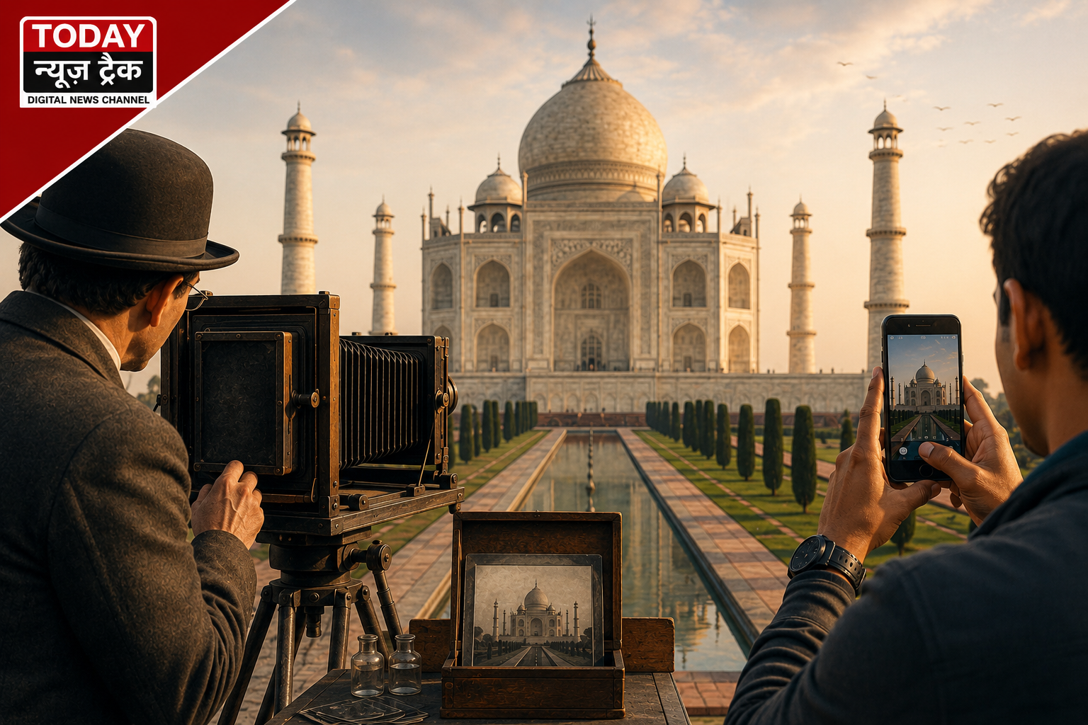 Photographers capturing the Taj Mahal using a vintage camera and a modern smartphone