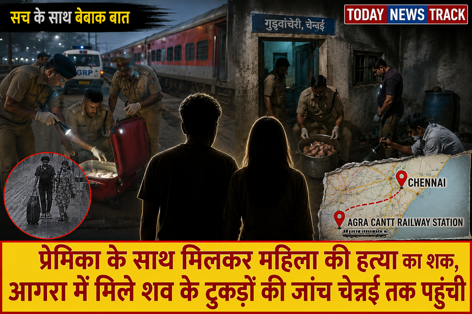 Agra Cantt railway station woman murder case investigation reaches Chennai with police examining a red suitcase and evidence