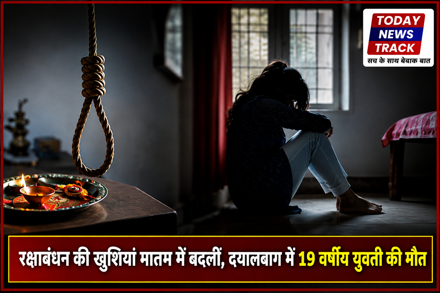 Symbolic scene depicting a tragic incident involving a 19-year-old woman in Dayalbagh Agra on Raksha Bandhan