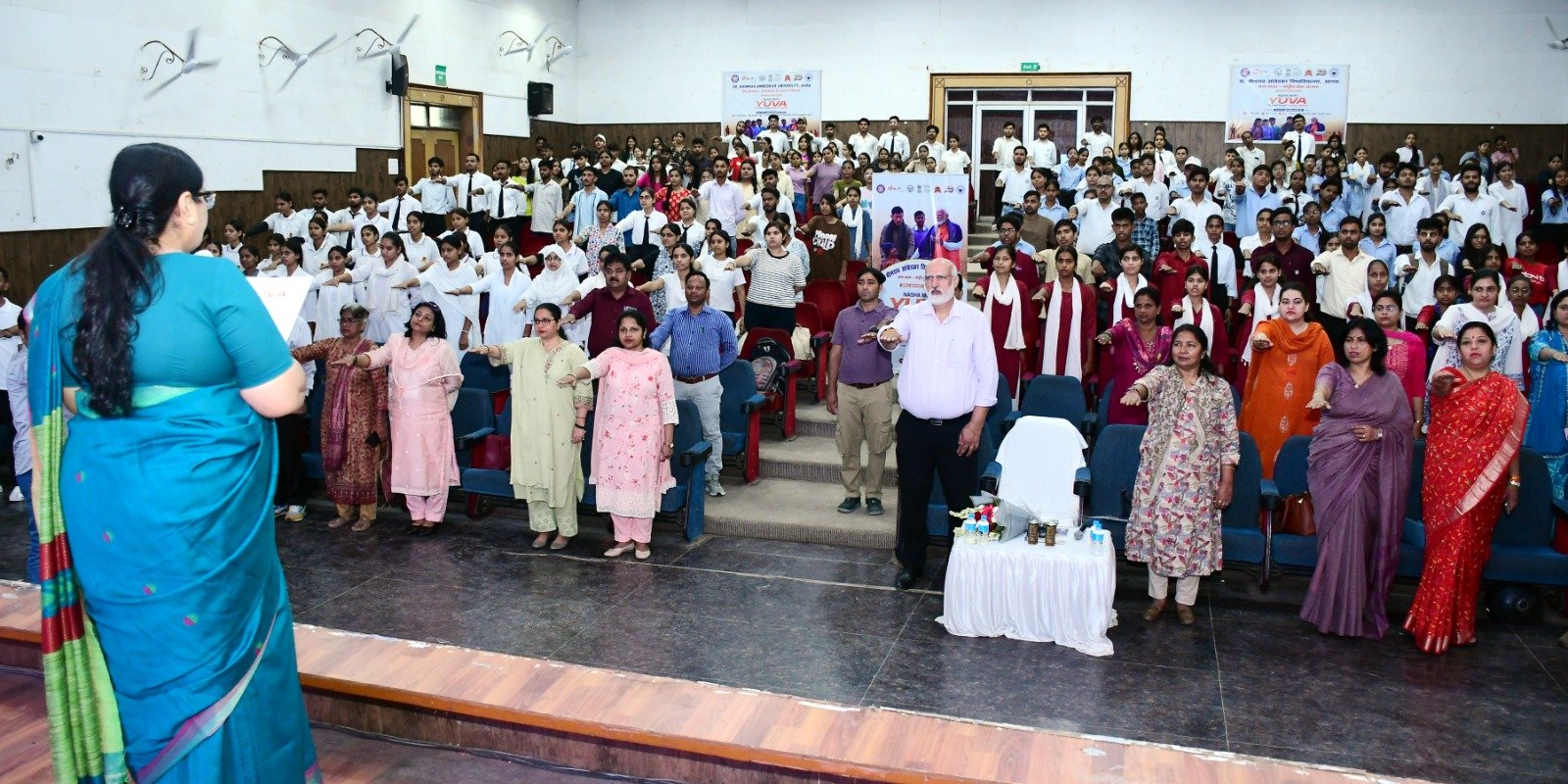Students and NSS volunteers taking Drug Free India pledge at Dr Bhimrao Ambedkar University Agra during Prime Minister Narendra Modi’s Developed India campaign