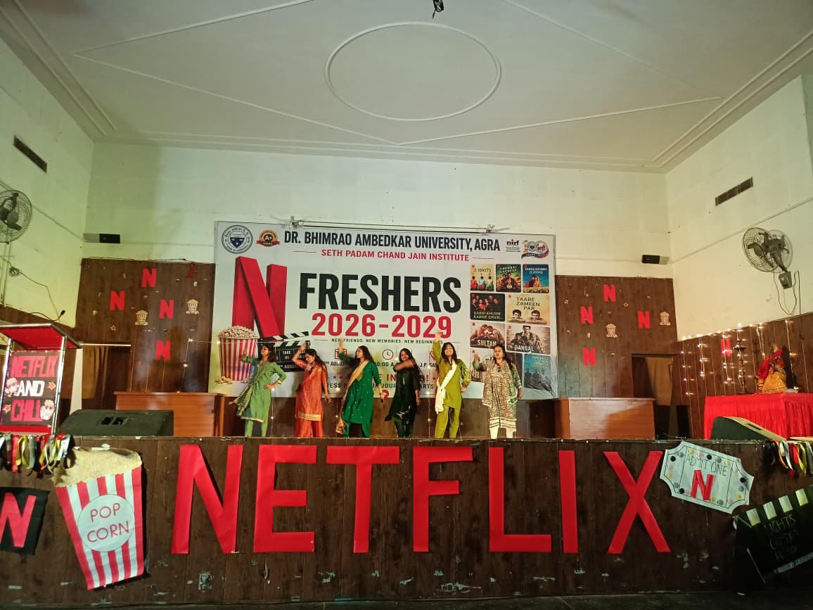 BBA students performing dance and cultural programs at Freshers Party 2026 with Netflix theme