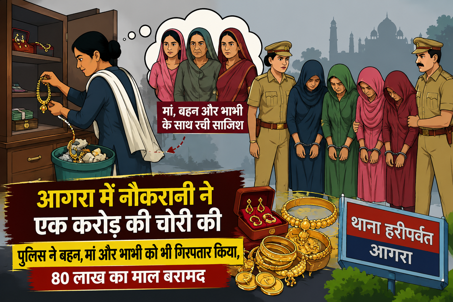 Agra police with arrested domestic help and recovered jewellery in Hariparvat theft case