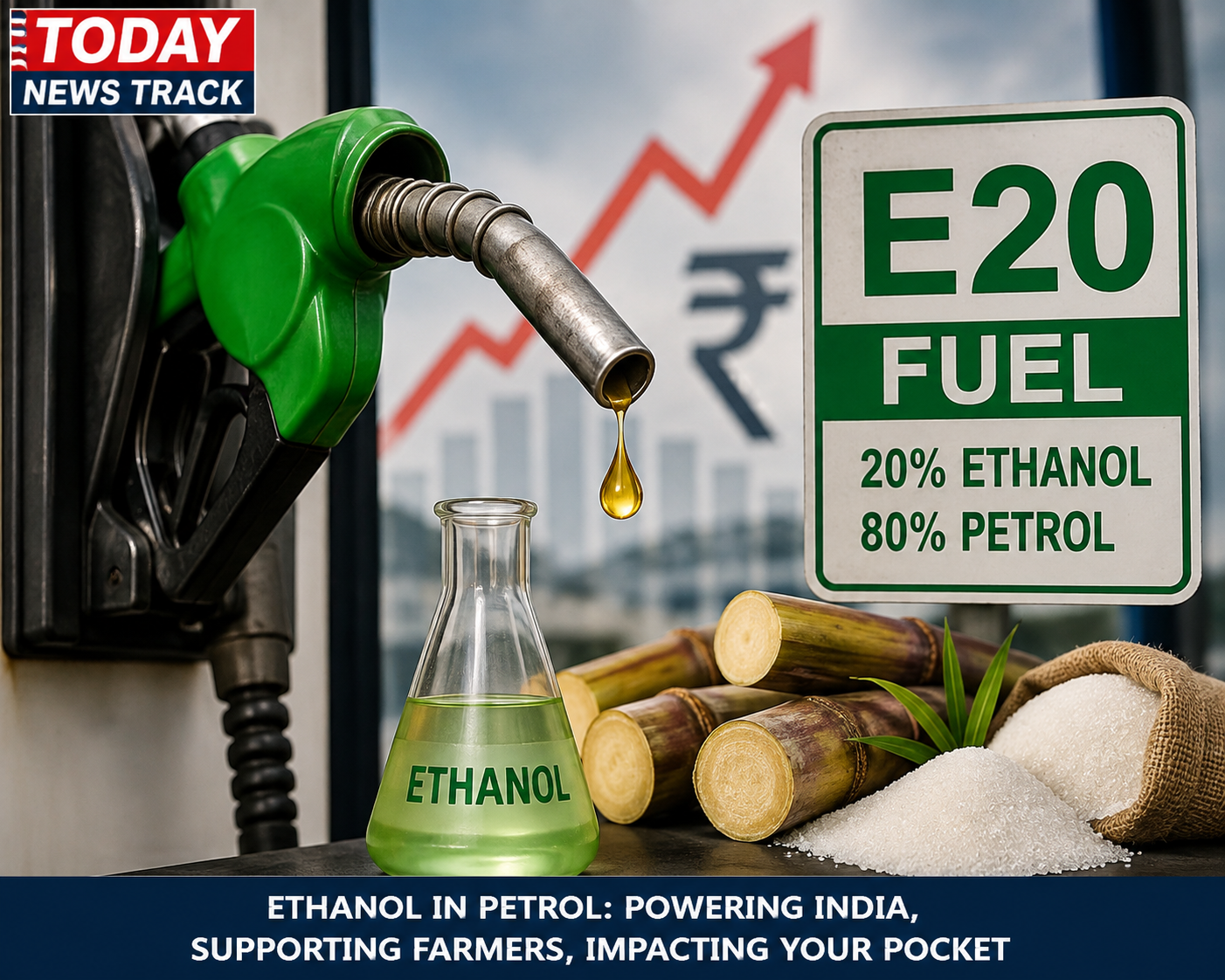 E20 ethanol petrol infographic showing fuel station, electric vehicles, sugarcane and sugar prices in India