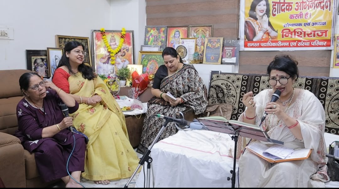 Women singing Krishna bhajans during a Janmashtami celebration in Agra