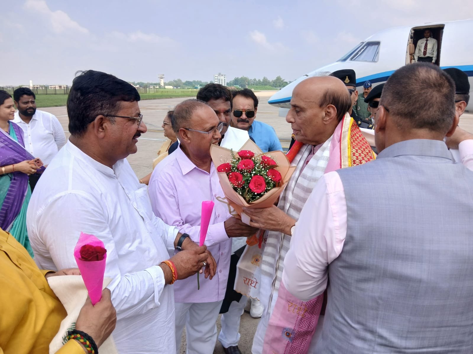 Public representatives welcome Defence Minister Rajnath Singh at Agra Airport