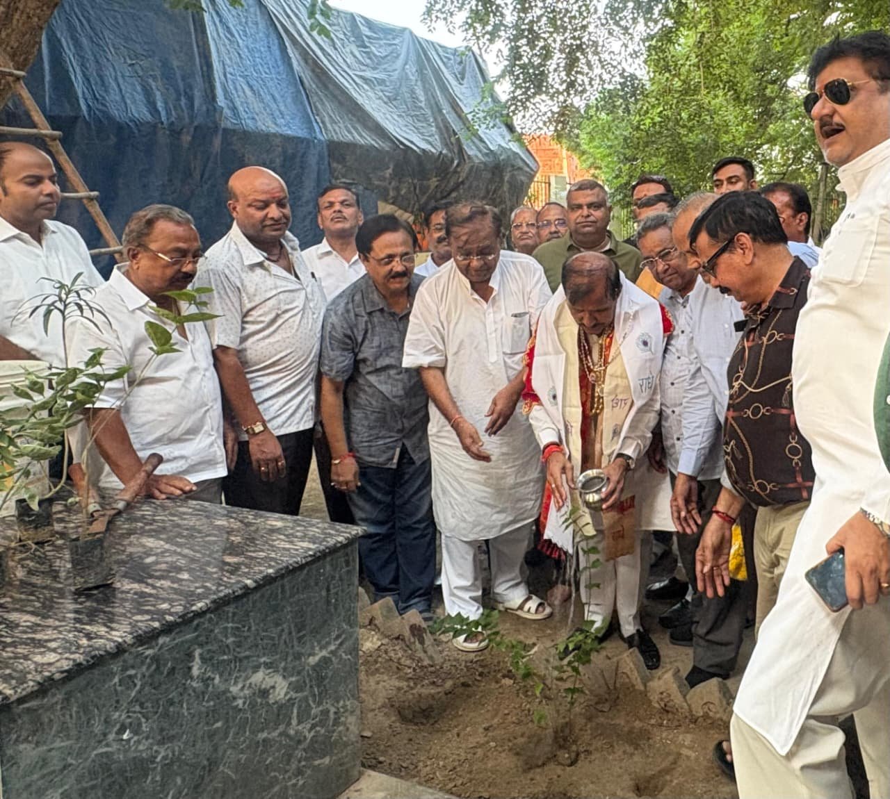 Ram Leela Committee members planting 21 Ashoka plants at Shri Ram Hanuman Temple in Agra