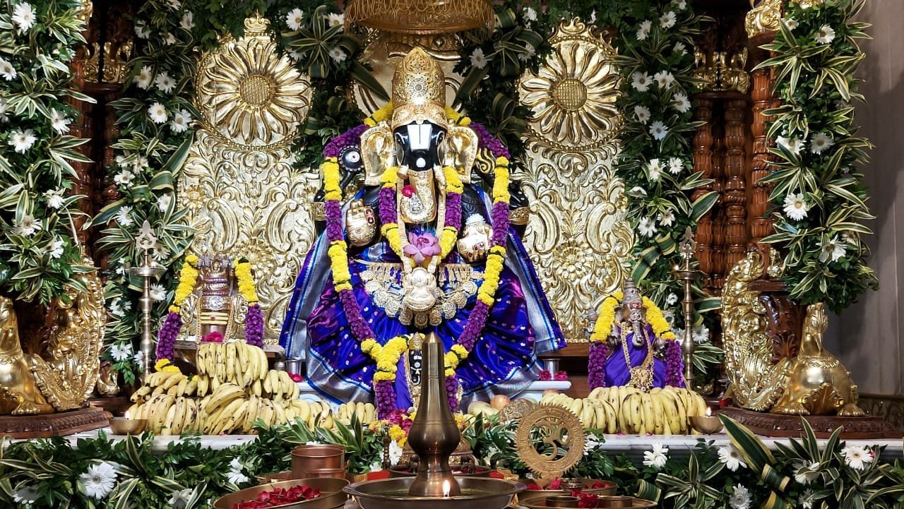Maha Ganpati decorated in Tirupati Balaji style during Ganesh Mahotsav