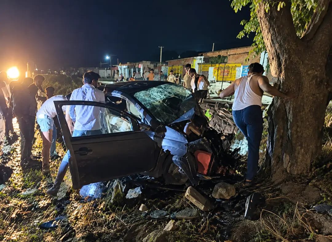 Damaged car after a fatal accident on the Agra Fatehabad road