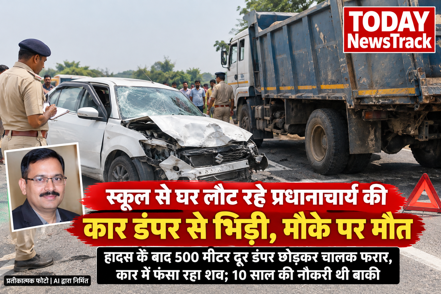 Symbolic AI-generated photo of a school principal car accident involving a dumper in Agra