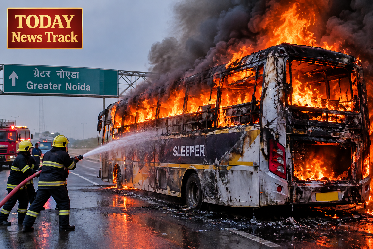 Sleeper bus engulfed in flames in Greater Noida with firefighters trying to control the fire.