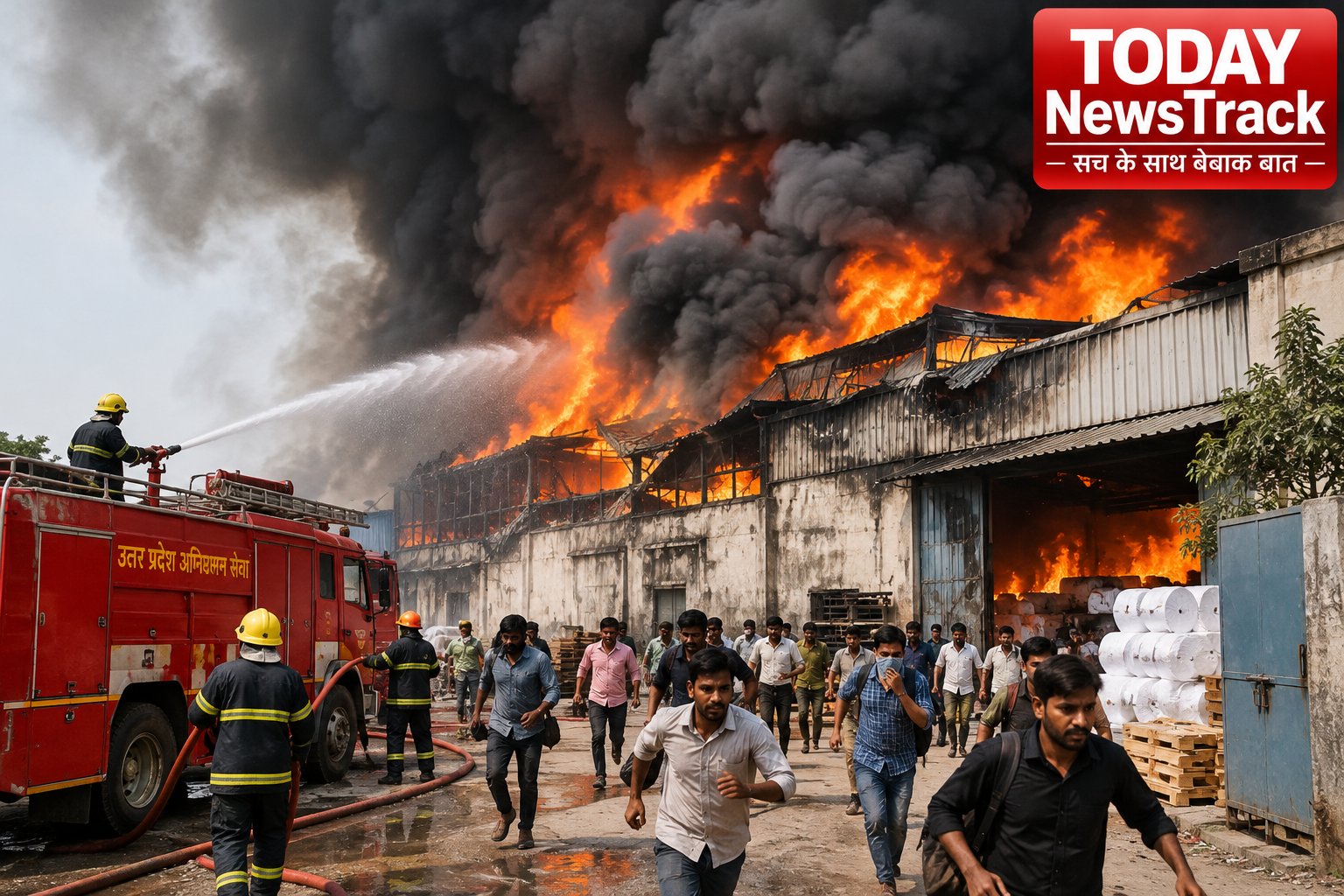 Fire breaks out at a napkin factory in Kaveri Vihar near Rajpur Chungi in Agra.