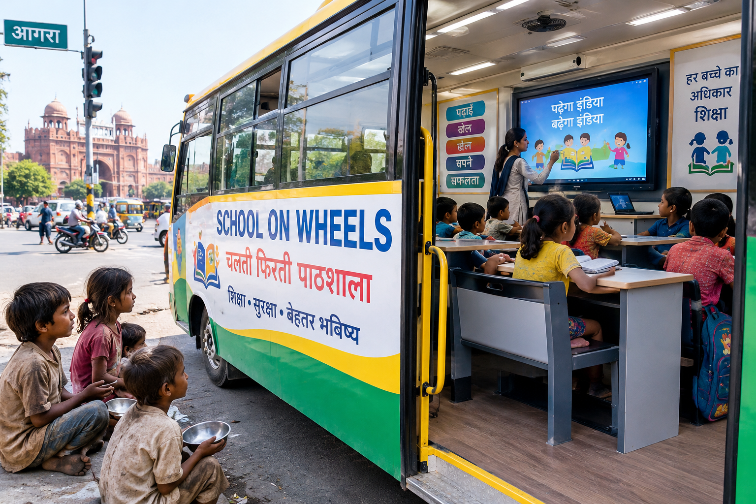 School on Wheels bus travelling on an Agra road with children inside a mobile classroom for street children’s education.