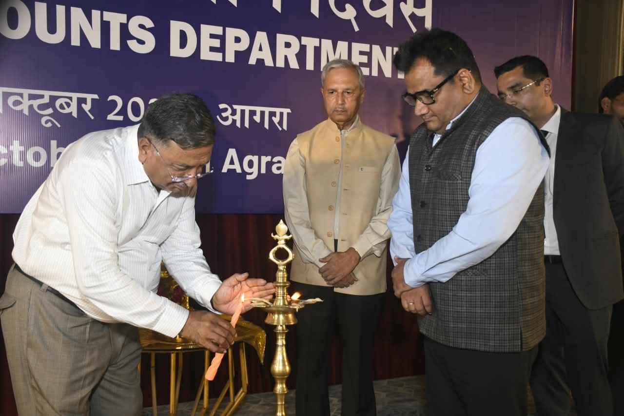 Guests lighting the ceremonial lamp during Defence Accounts Department Foundation Day celebration