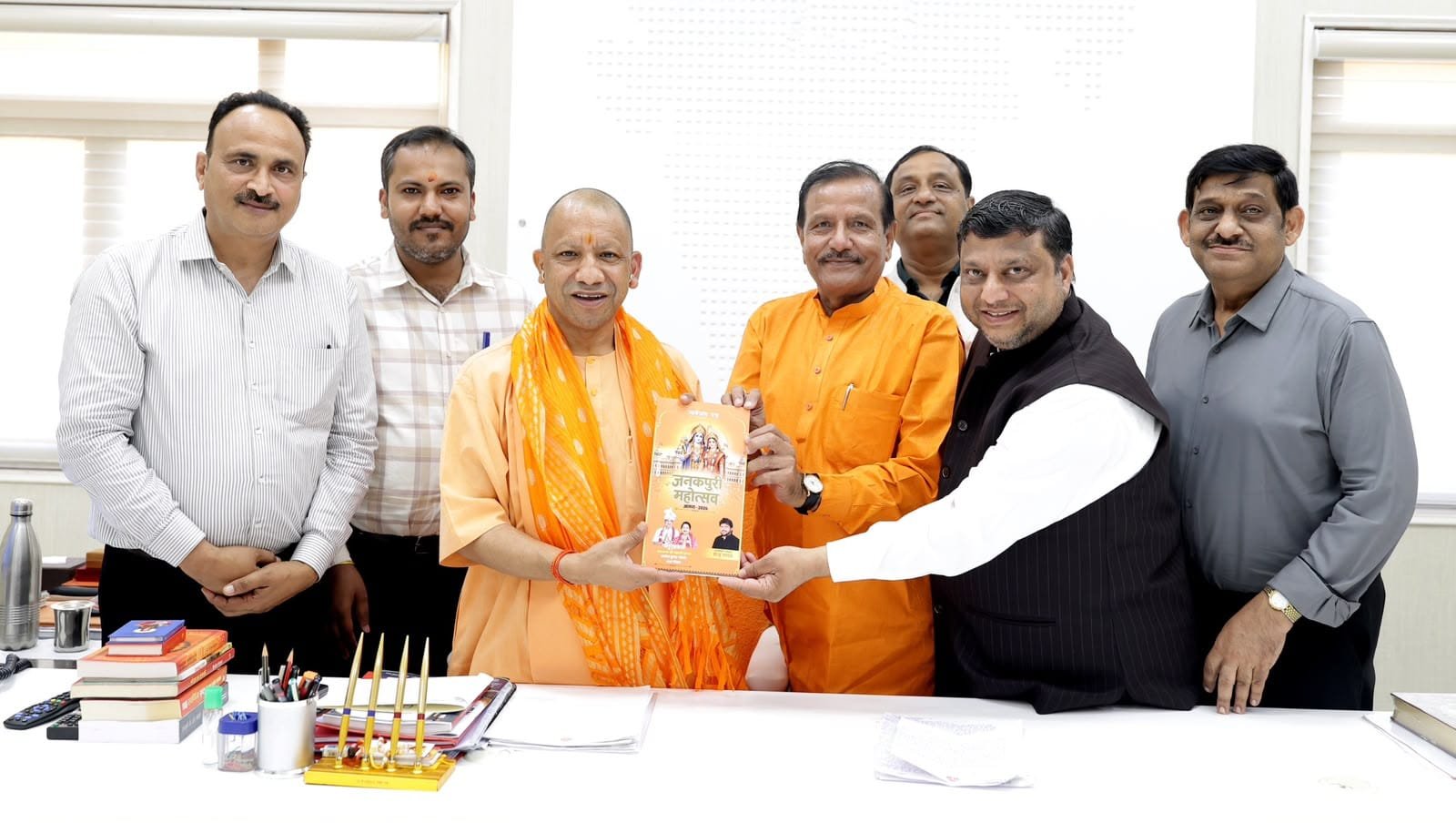 Janakpuri Mahotsav committee members inviting Yogi Adityanath to Ram Janaki Vivahotsav 2026