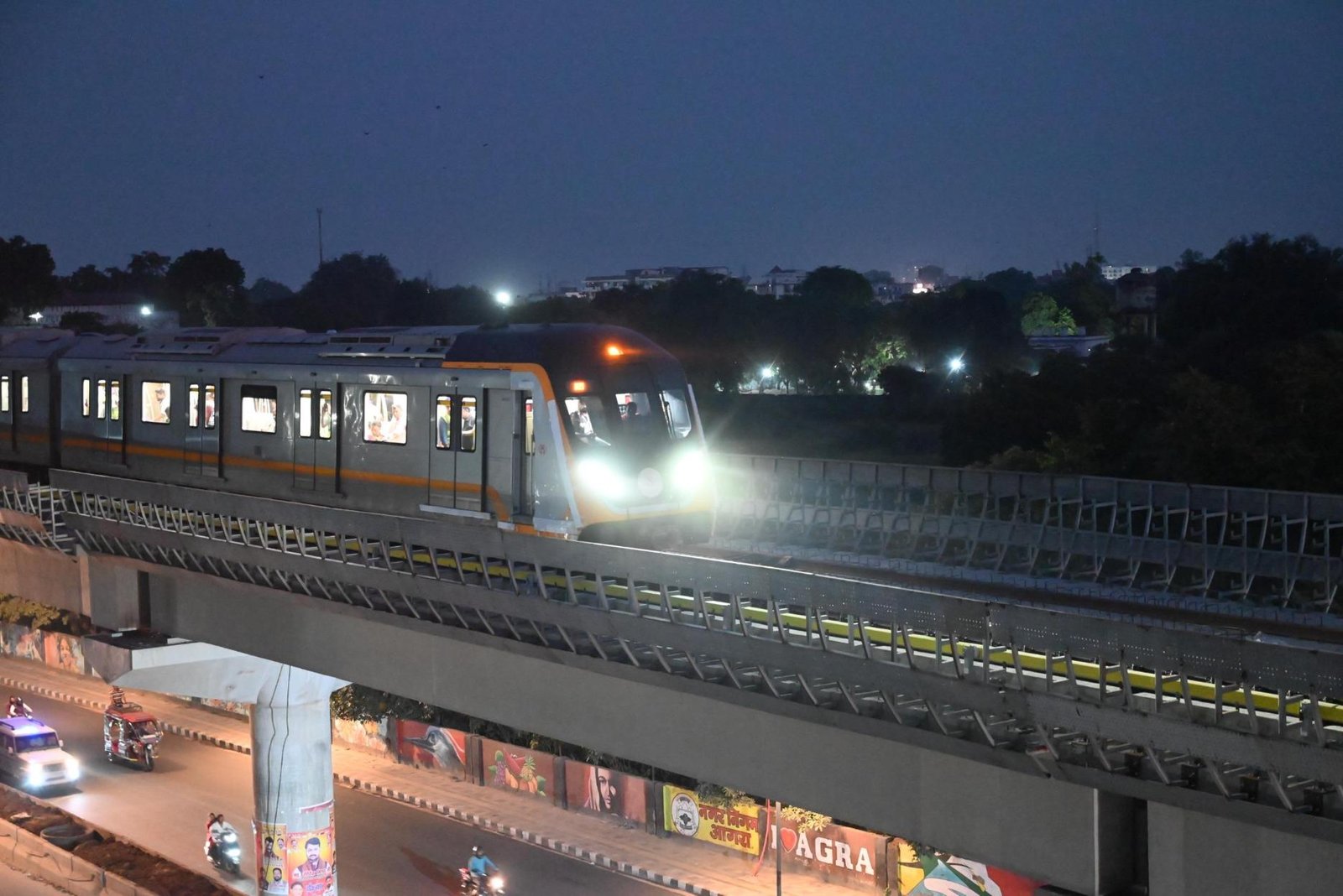 Agra Metro train completes a successful trial run on the 3 km down line from the metro depot to Sadar Bazar station via Mall Road.
