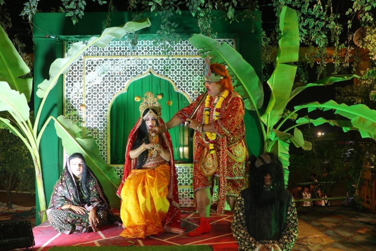Golden Lanka burning during Shri Ram Leela Mahotsav 2026 in Agra, Uttar Pradesh.