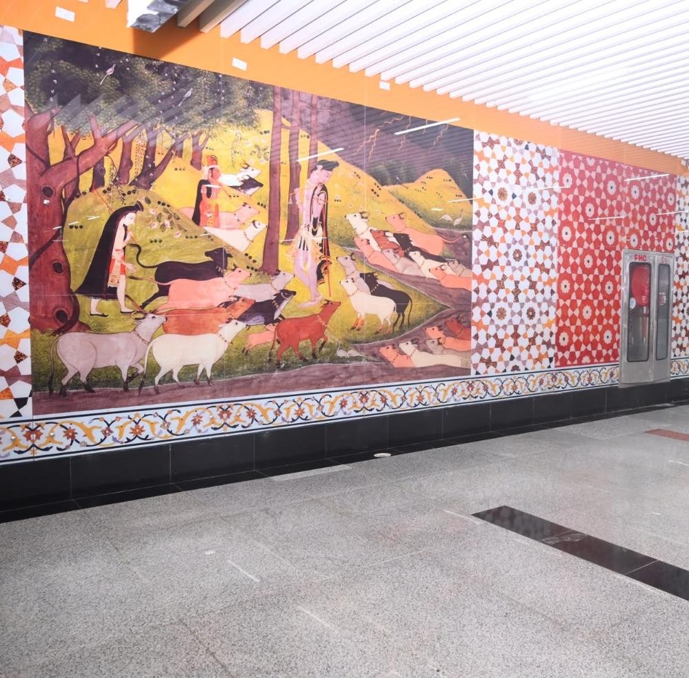 Ramayana paintings featuring Lord Rama at Agra Metro Medical College Station, Agra, Uttar Pradesh.